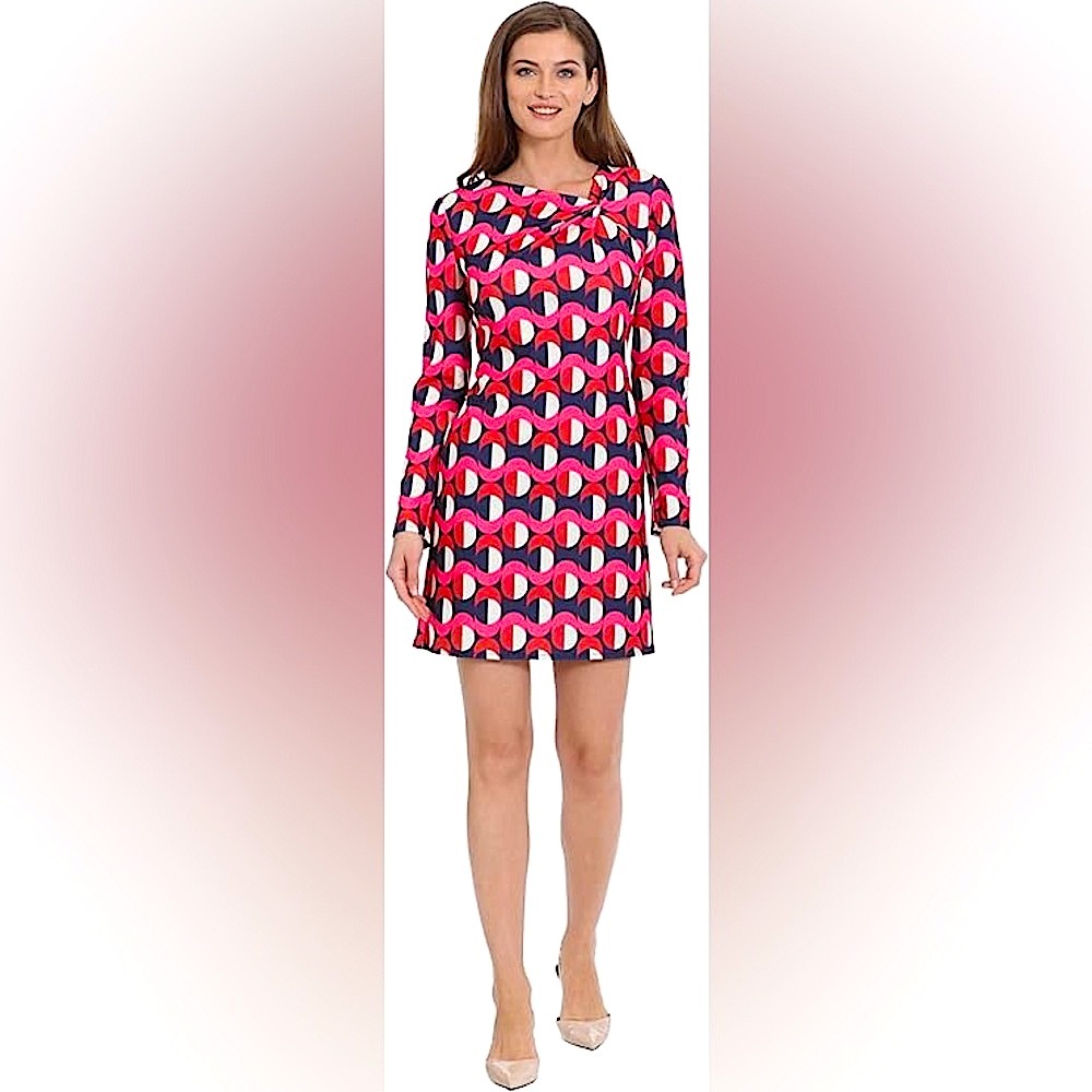 NWT London Times Twist Neck Geo Print Long sleeve Shift Dress Size 12 - Picture 2 of 12